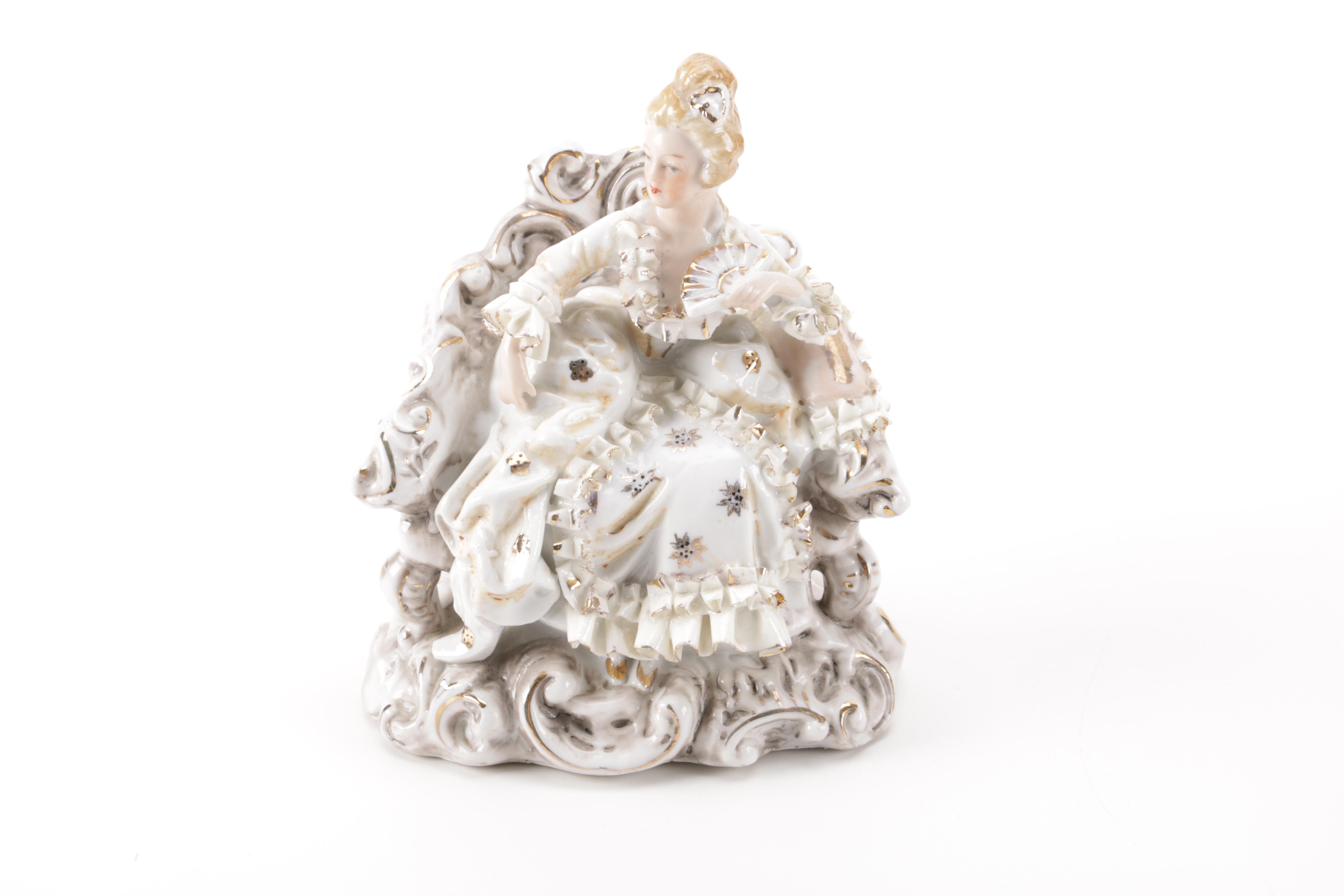 Vintage Porcelain Court Musician and Lady Figurines