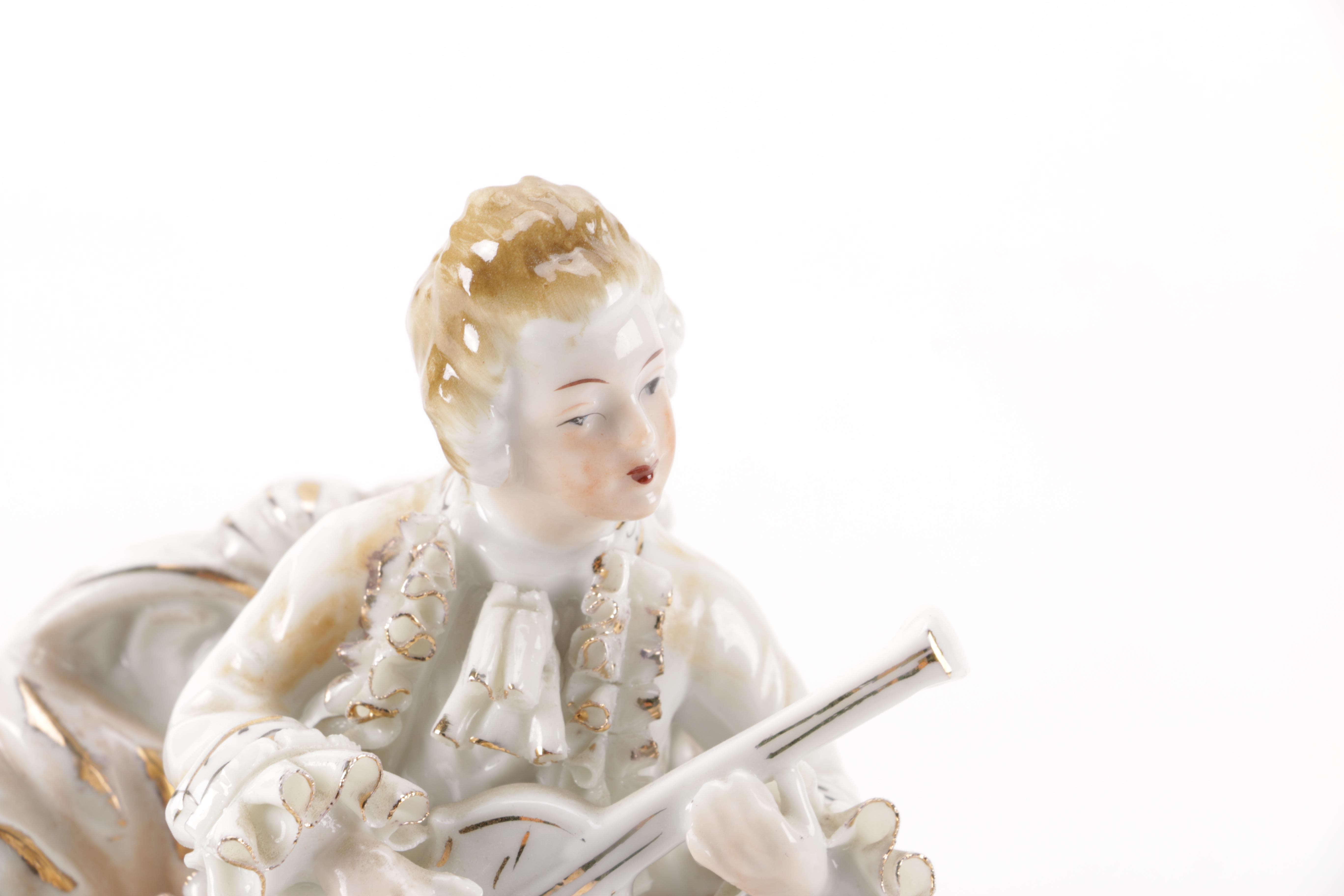 Vintage Porcelain Court Musician and Lady Figurines