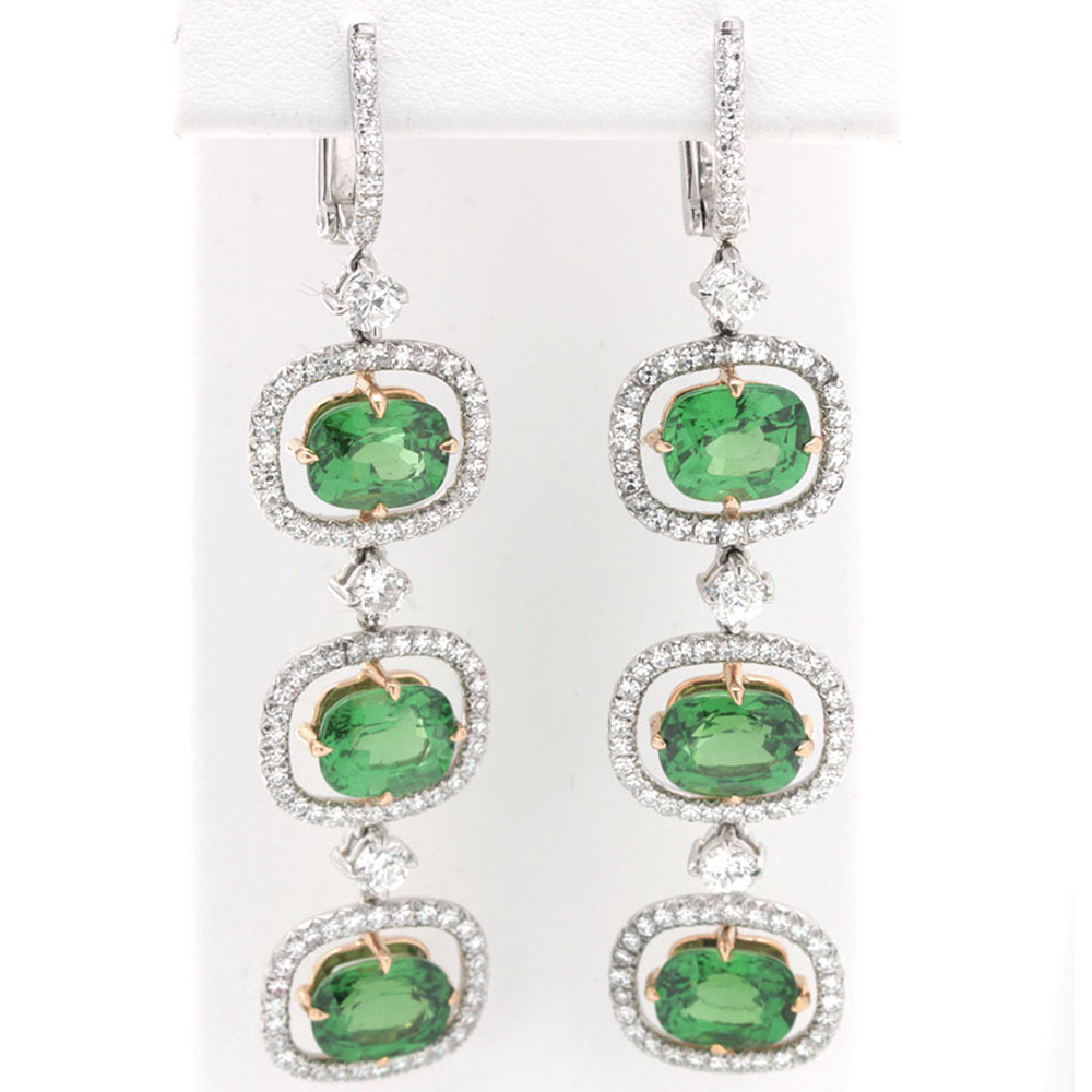 Platinum and 18K Yellow Gold 12.18 CTW Tsavorite Garnet and 2.91 CTW Diamond Dangle Earrings