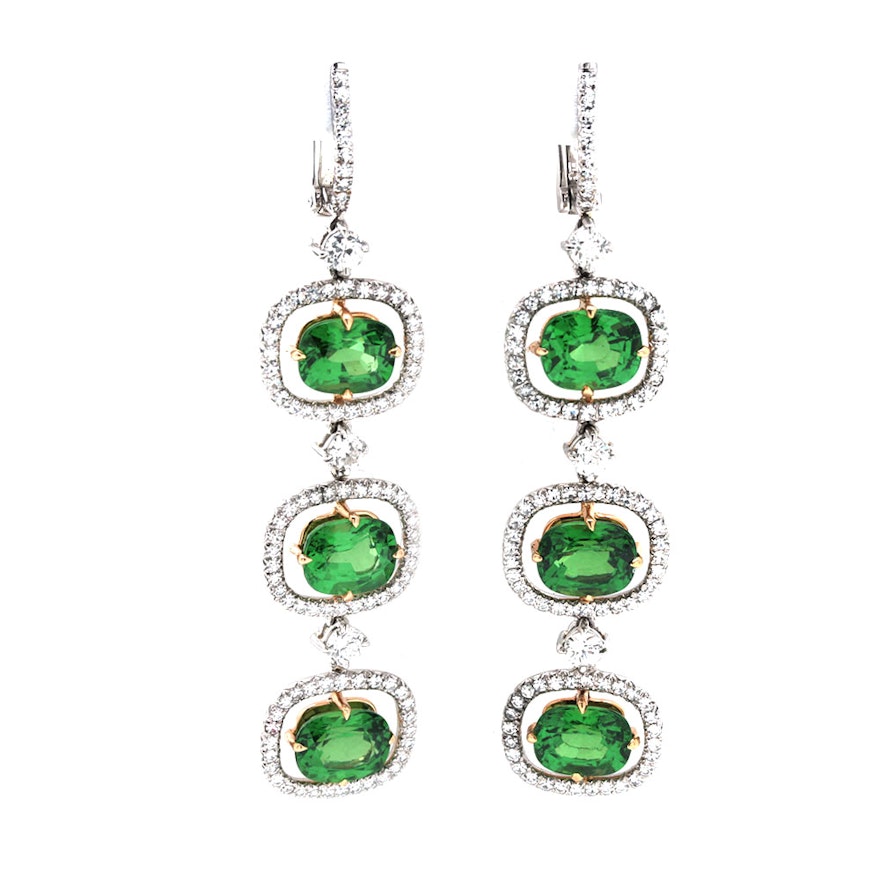 Platinum and 18K Yellow Gold 12.18 CTW Tsavorite Garnet and 2.91 CTW Diamond Dangle Earrings