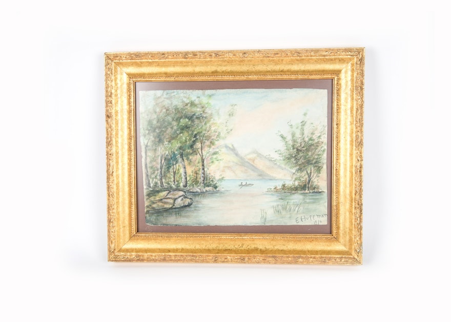 Framed Watercolor Landscape by E. Huffman 1916