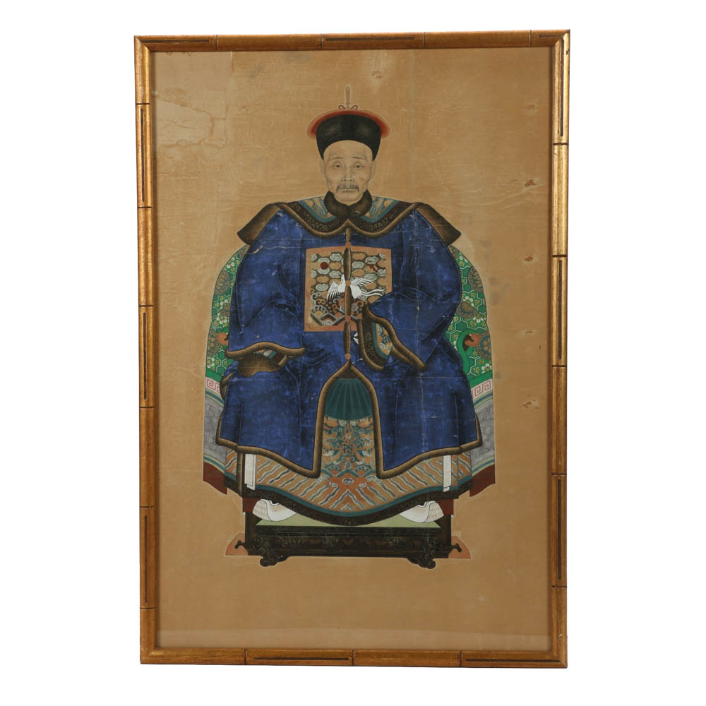 Antique Chinese Ancestor Gouache Painting