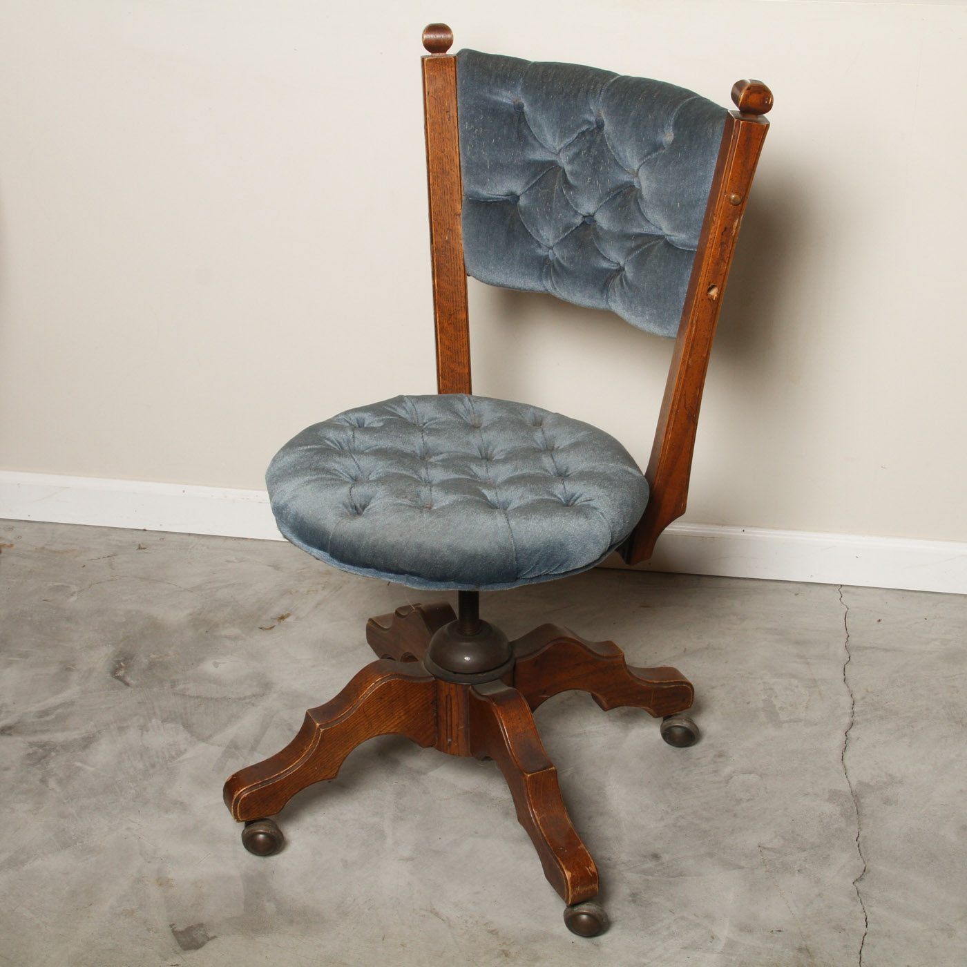 Vintage Pedestal Chair with Blue Velvet Upholstery