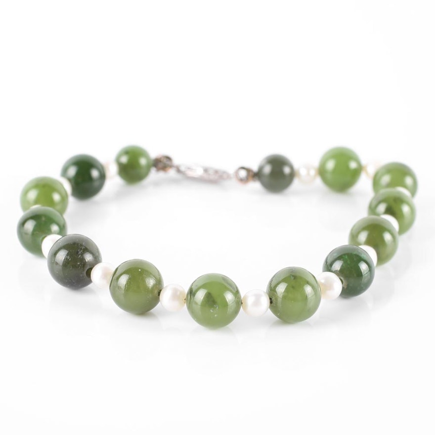 14K White Gold Jadeite and Pearl Bracelet