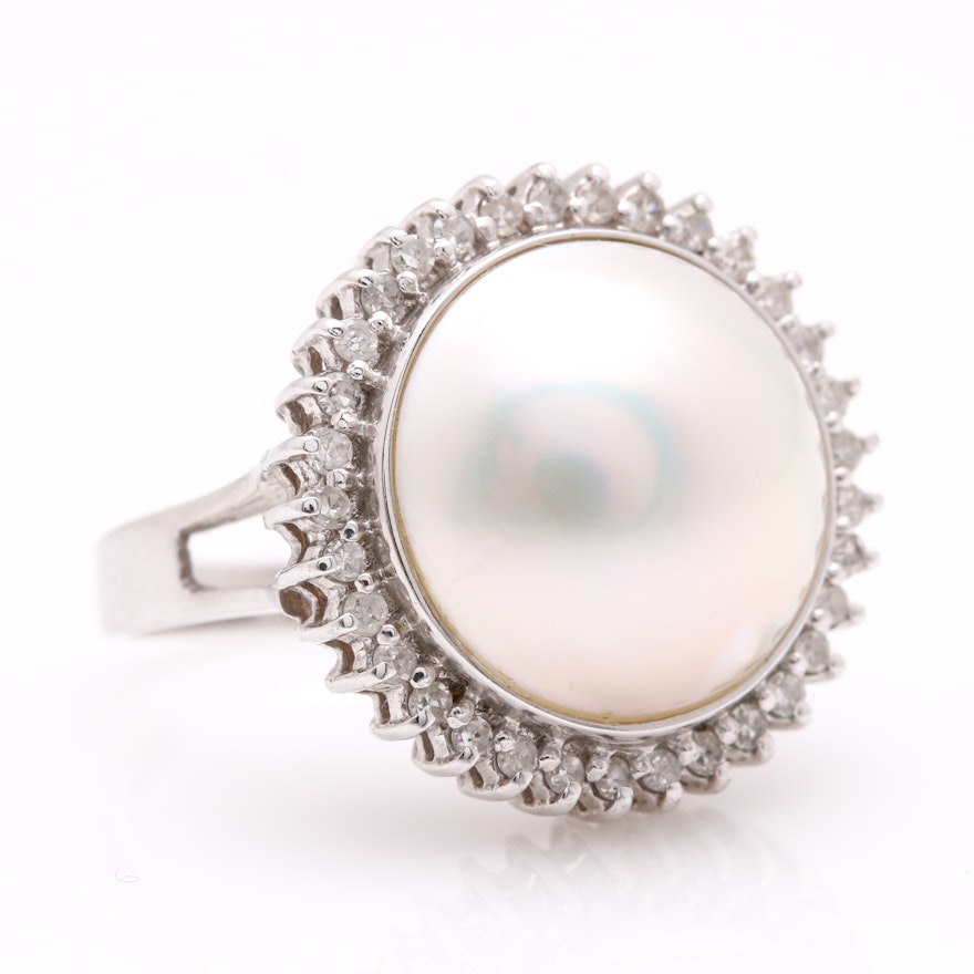 14K White Gold Mabé Pearl and Diamond Ring