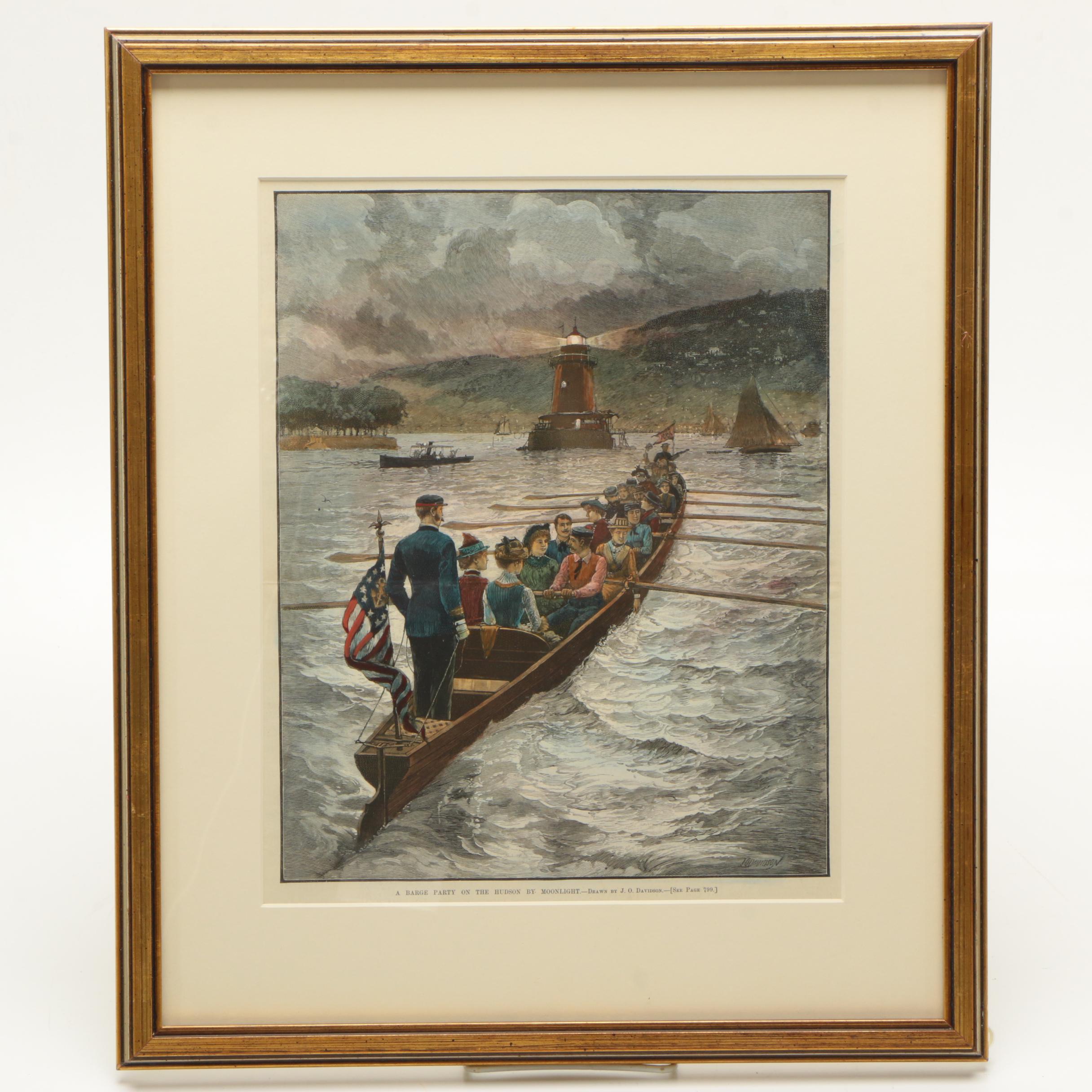 1889 Julian Oliver Davidson Hand-colored Wood Engraving "A Barge Party on the Hudson by Moonlight"