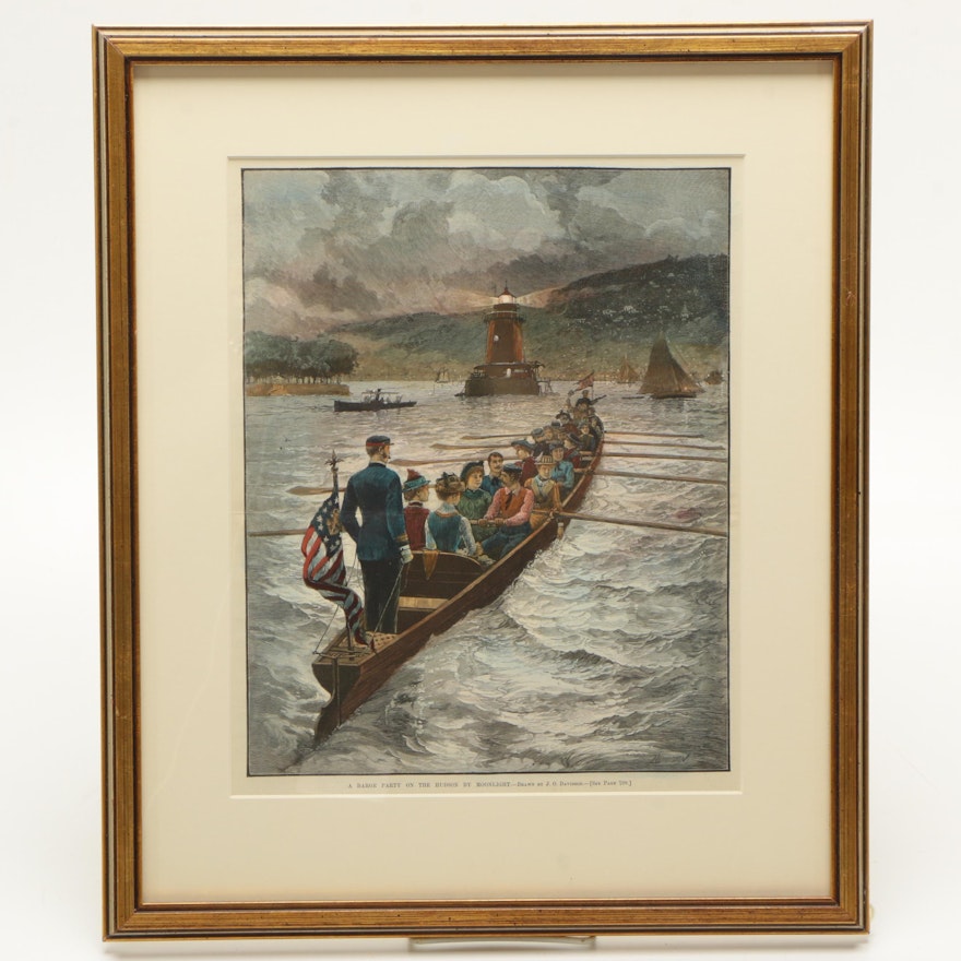 1889 Julian Oliver Davidson Hand-colored Wood Engraving "A Barge Party on the Hudson by Moonlight"