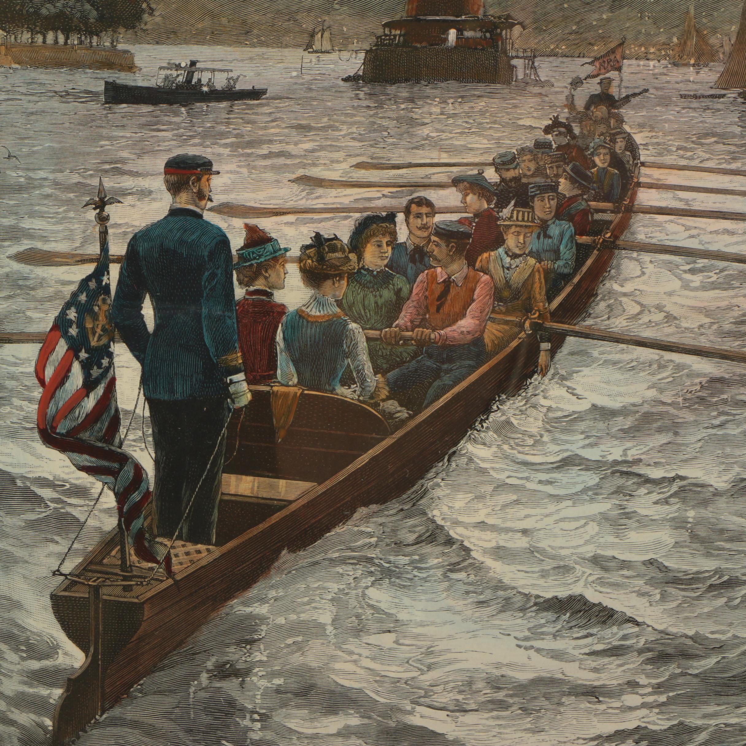 1889 Julian Oliver Davidson Hand-colored Wood Engraving "A Barge Party on the Hudson by Moonlight"