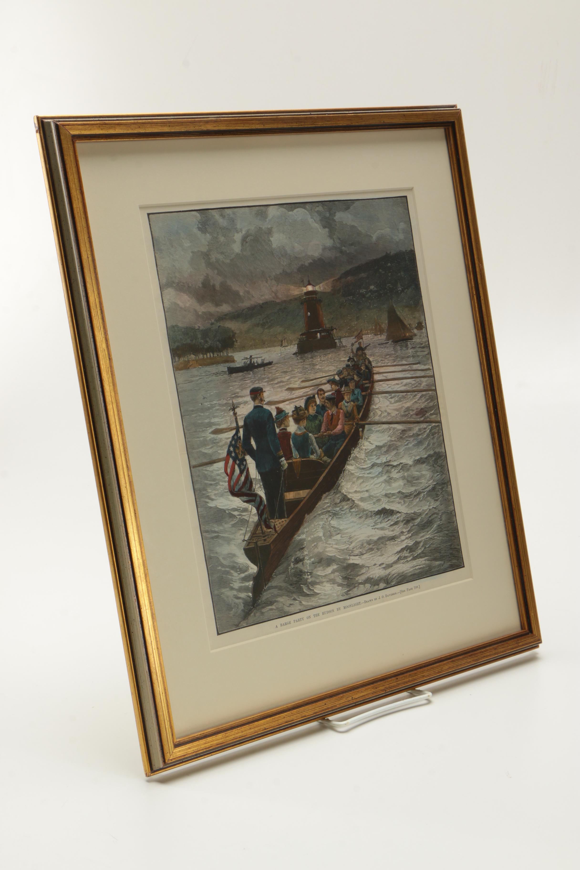 1889 Julian Oliver Davidson Hand-colored Wood Engraving "A Barge Party on the Hudson by Moonlight"