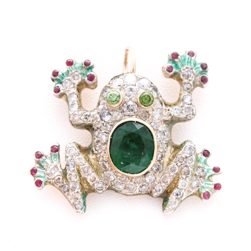Sterling Silver and 18K Yellow Gold 2.51 CTW Diamond, 3.50 CT Emerald, and Gemstone Frog Pendant