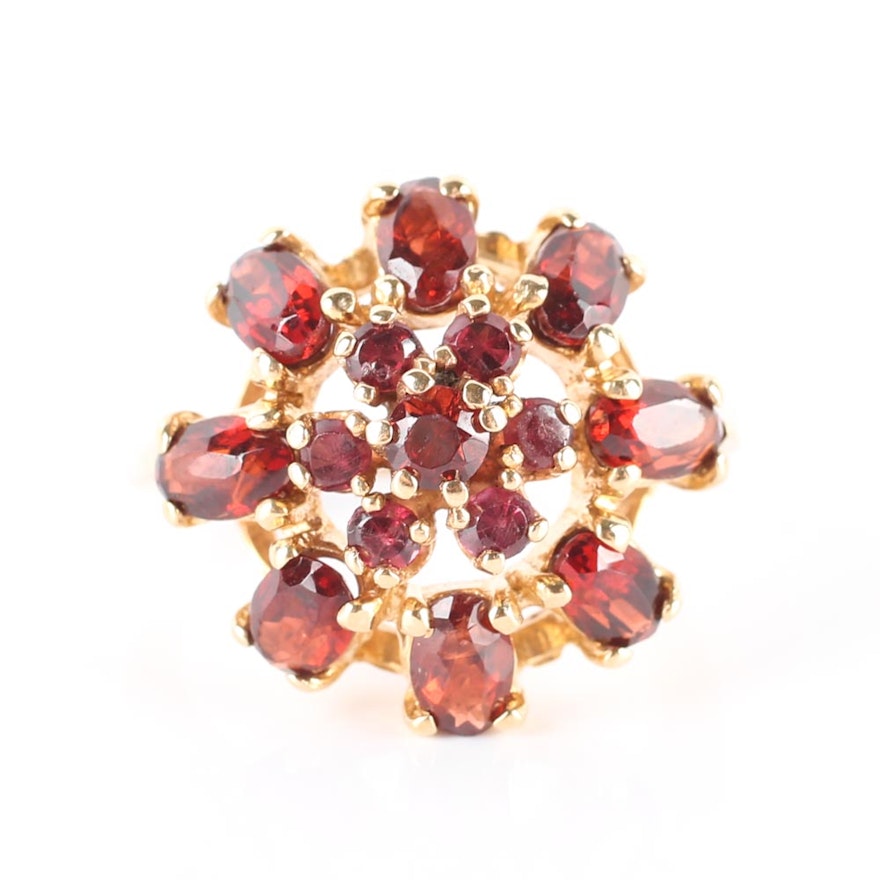 14K Yellow Gold Circular Garnet Cluster Ring