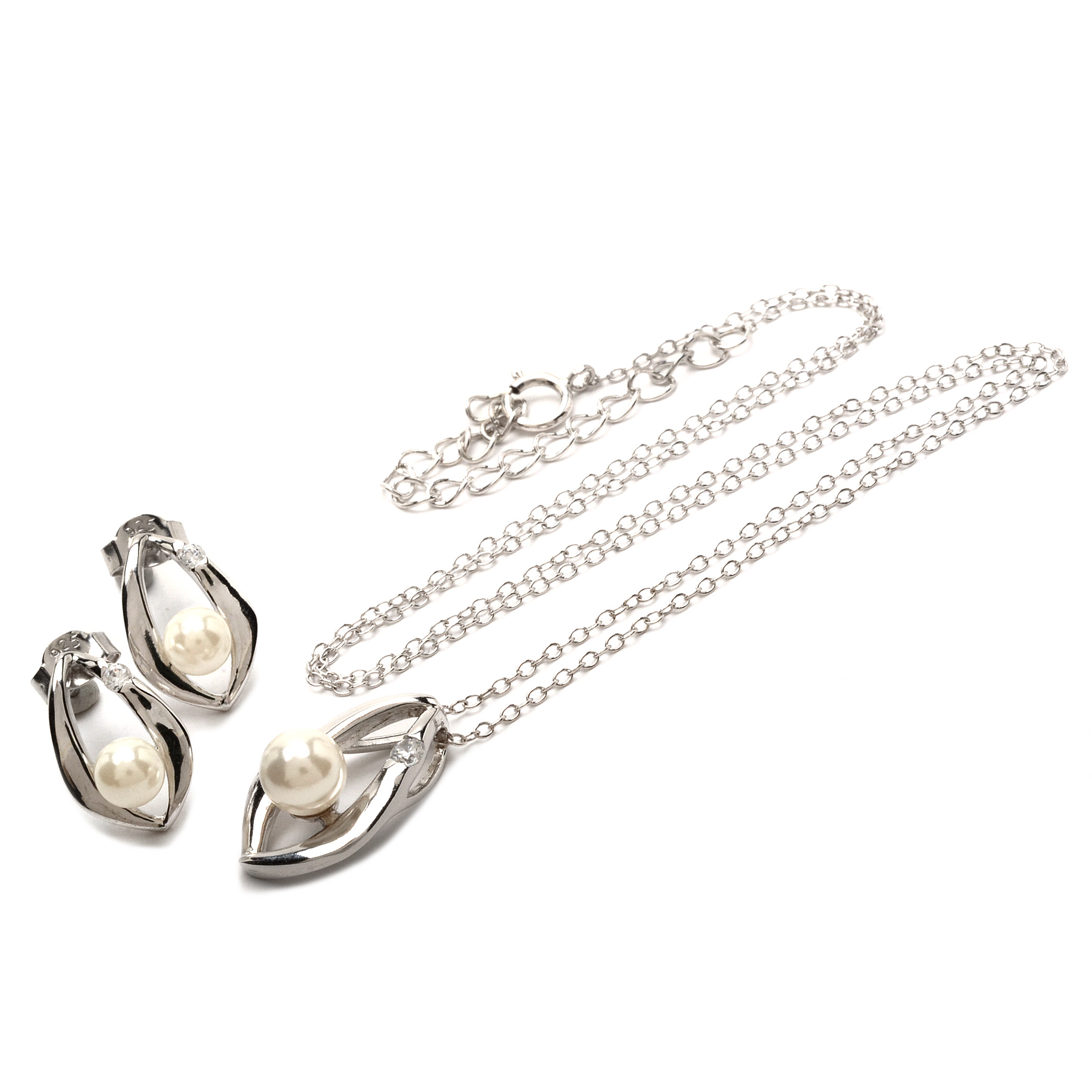 Sterling Faux Pearl Necklace and Earring Set