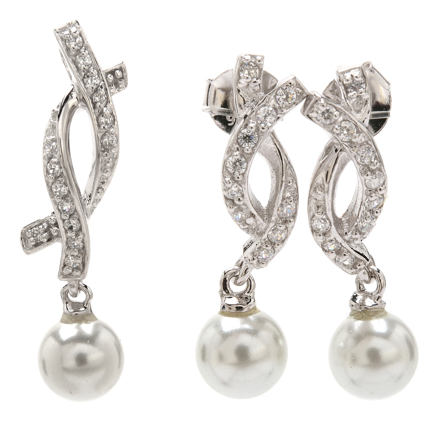 Sterling Faux Pearl and Cubic Zirconia Pendant and Earring Set