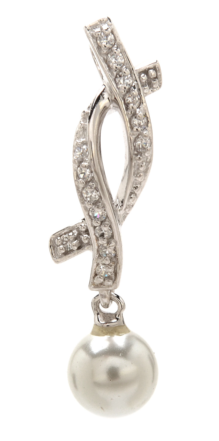 Sterling Faux Pearl and Cubic Zirconia Pendant and Earring Set