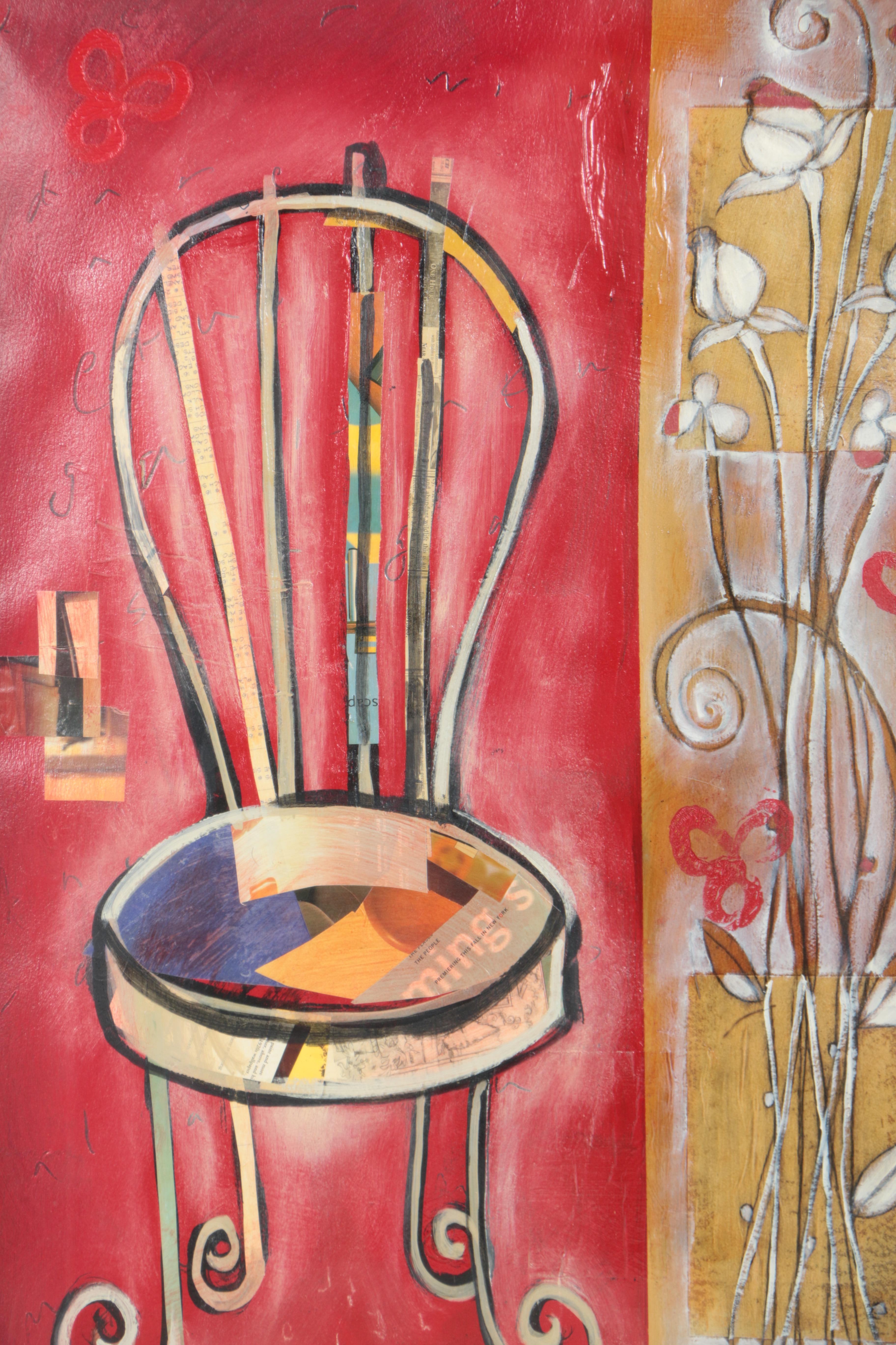 Trey Mixed Media Collage of a Chair and Floral Stand