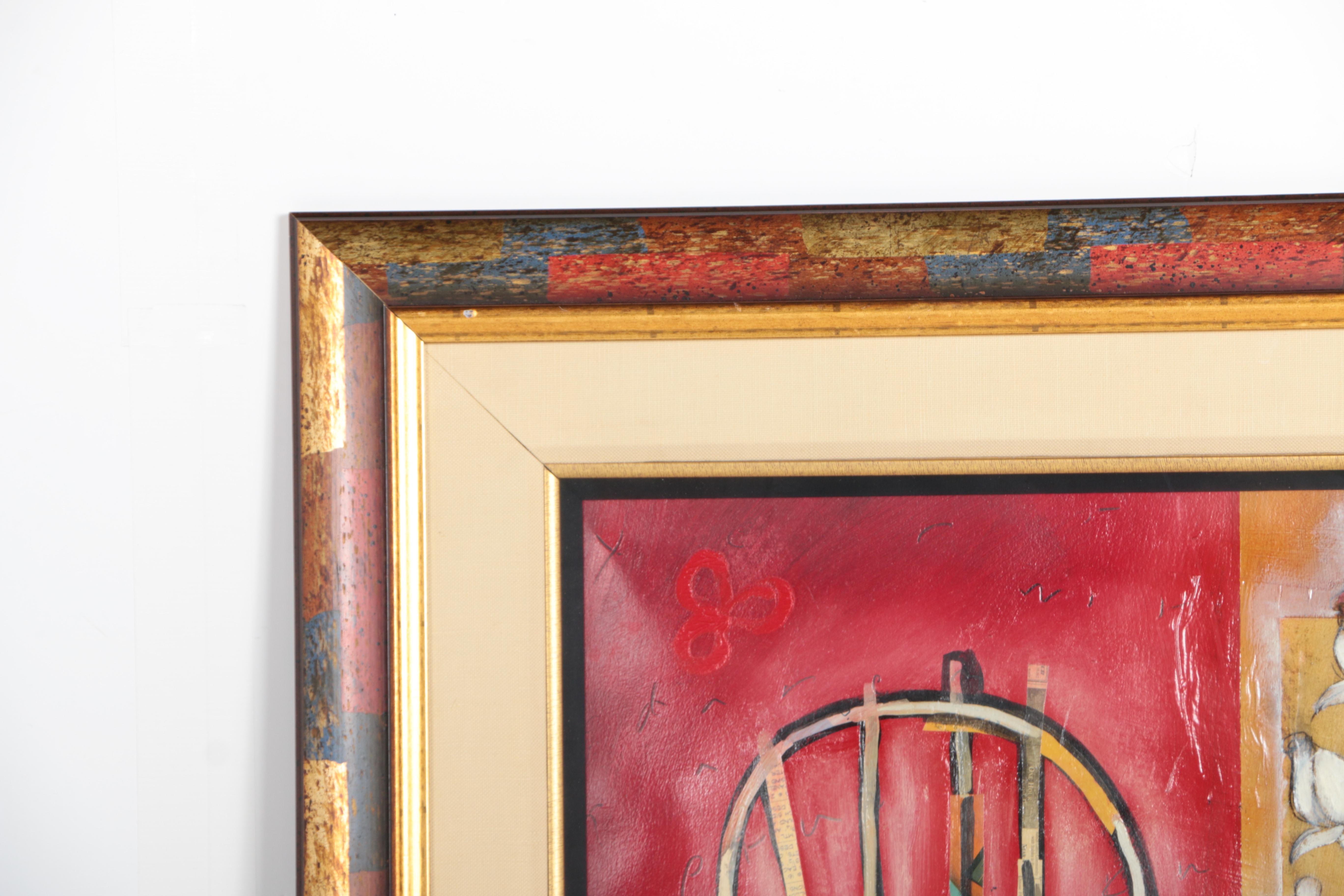 Trey Mixed Media Collage of a Chair and Floral Stand