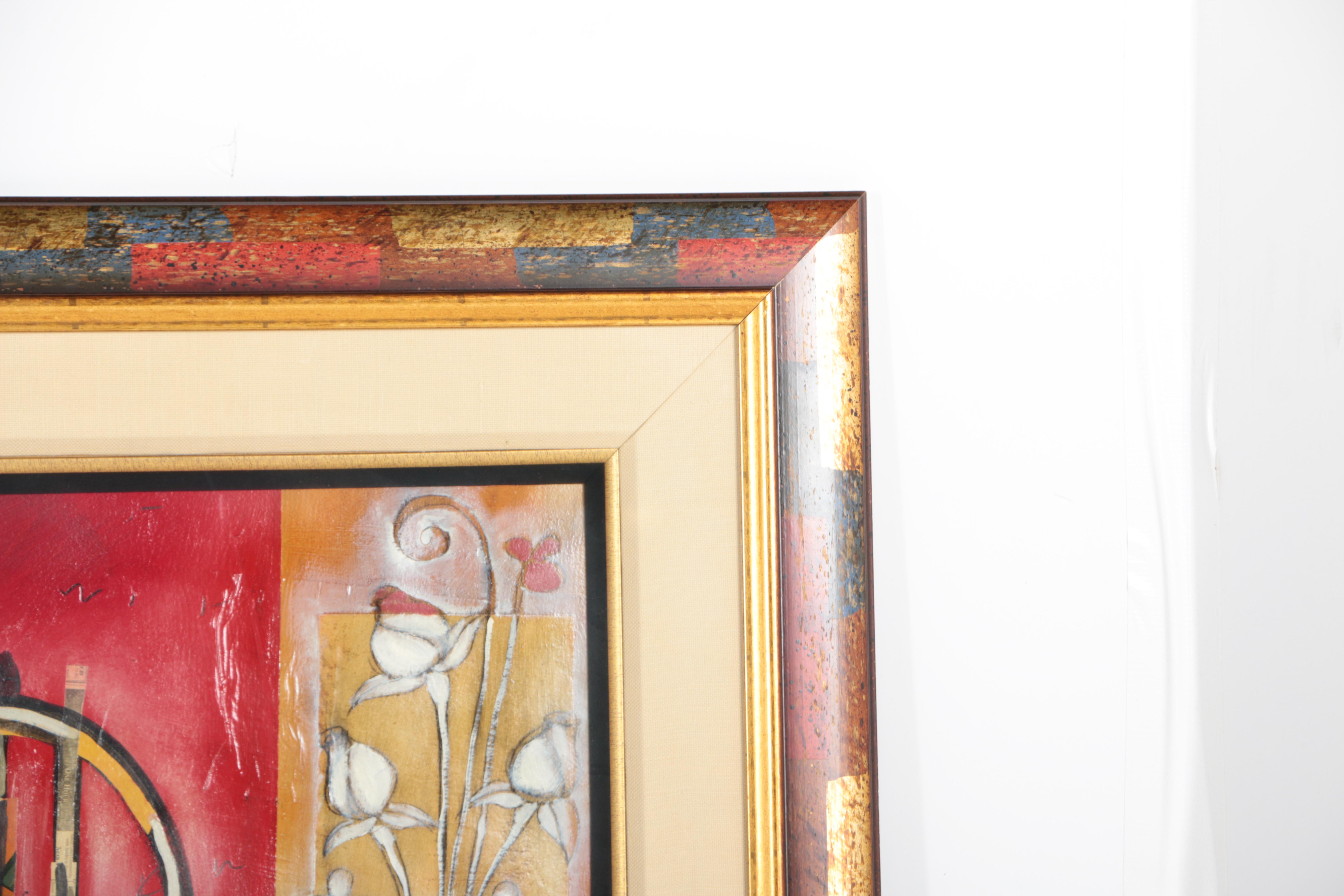 Trey Mixed Media Collage of a Chair and Floral Stand