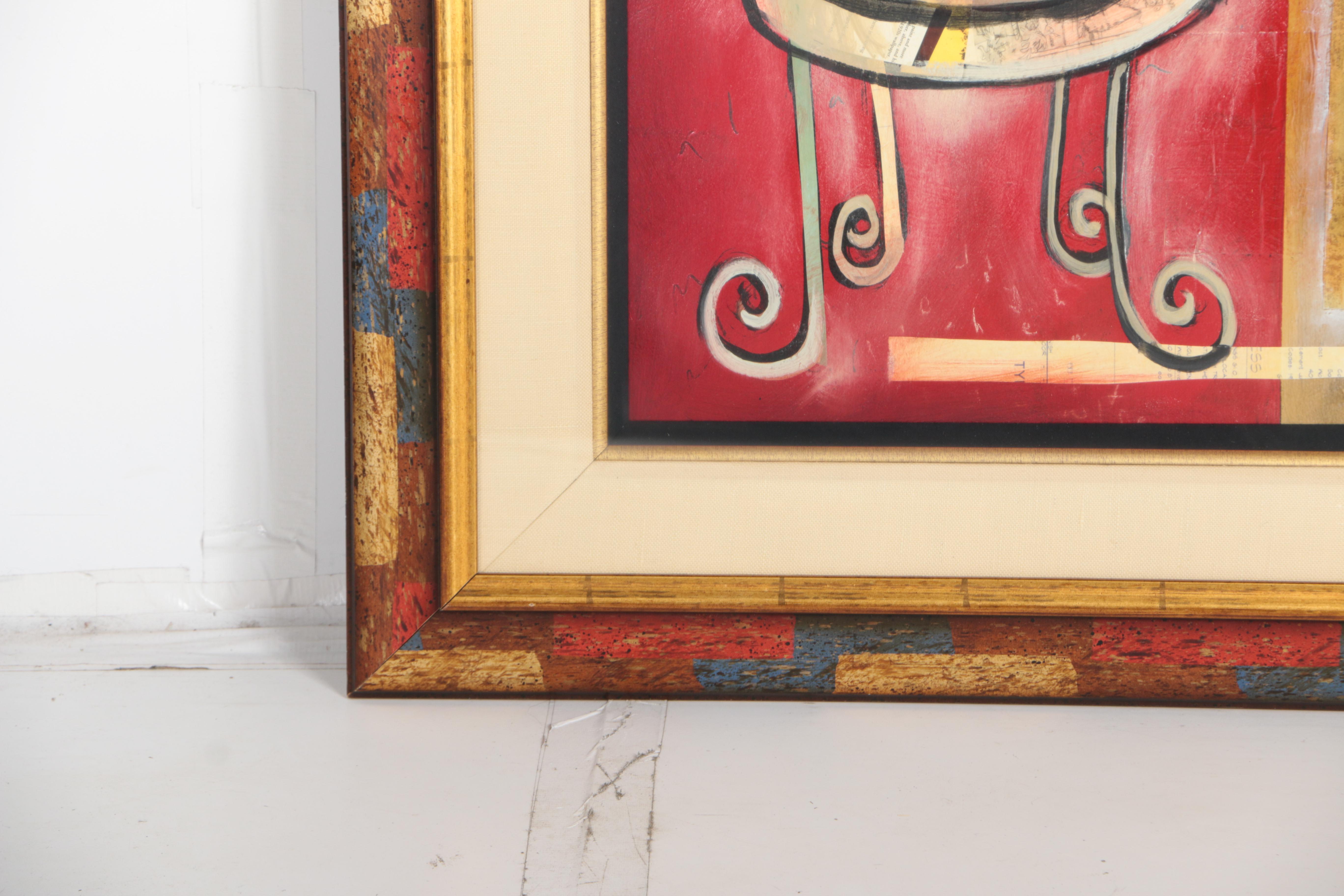 Trey Mixed Media Collage of a Chair and Floral Stand