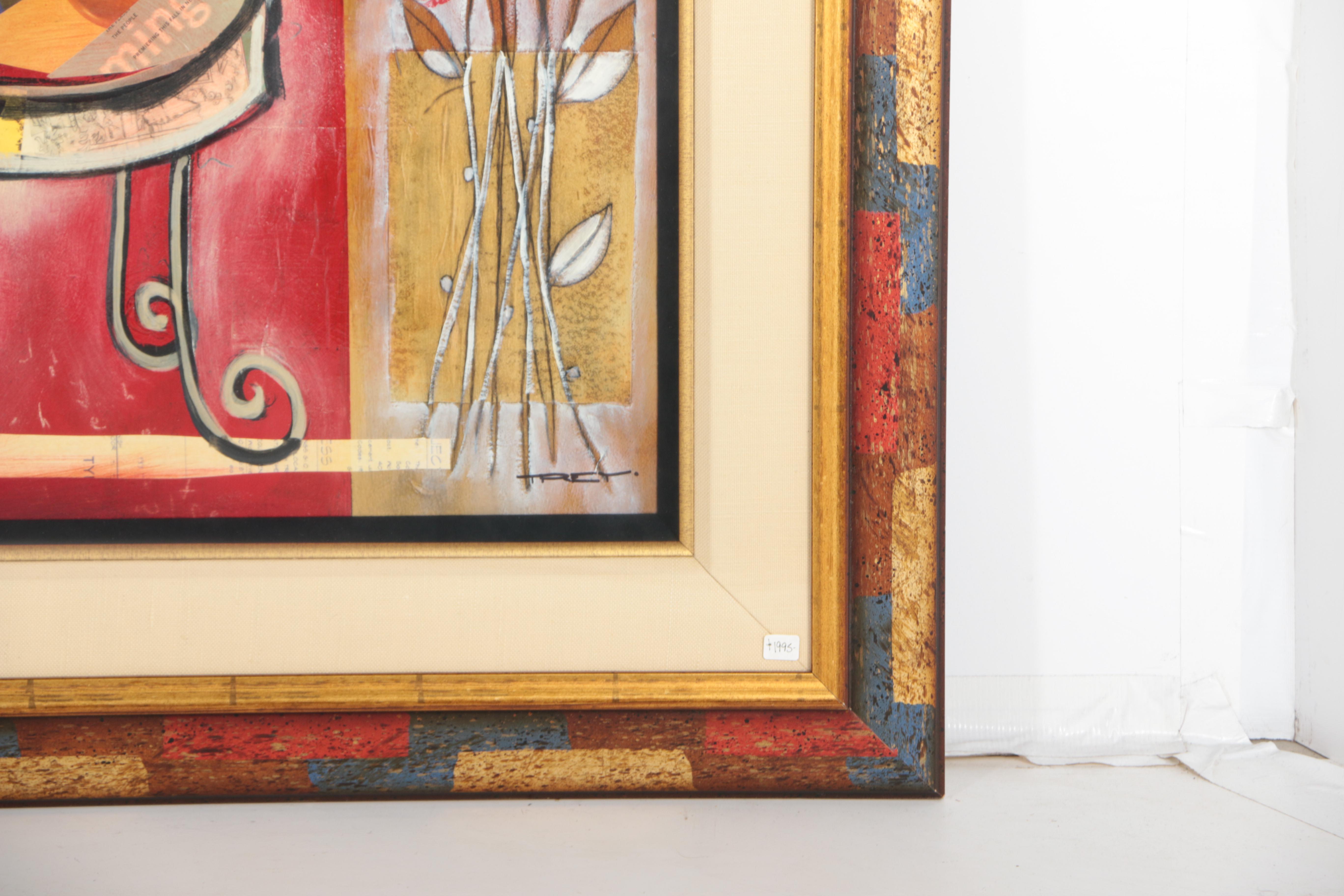 Trey Mixed Media Collage of a Chair and Floral Stand