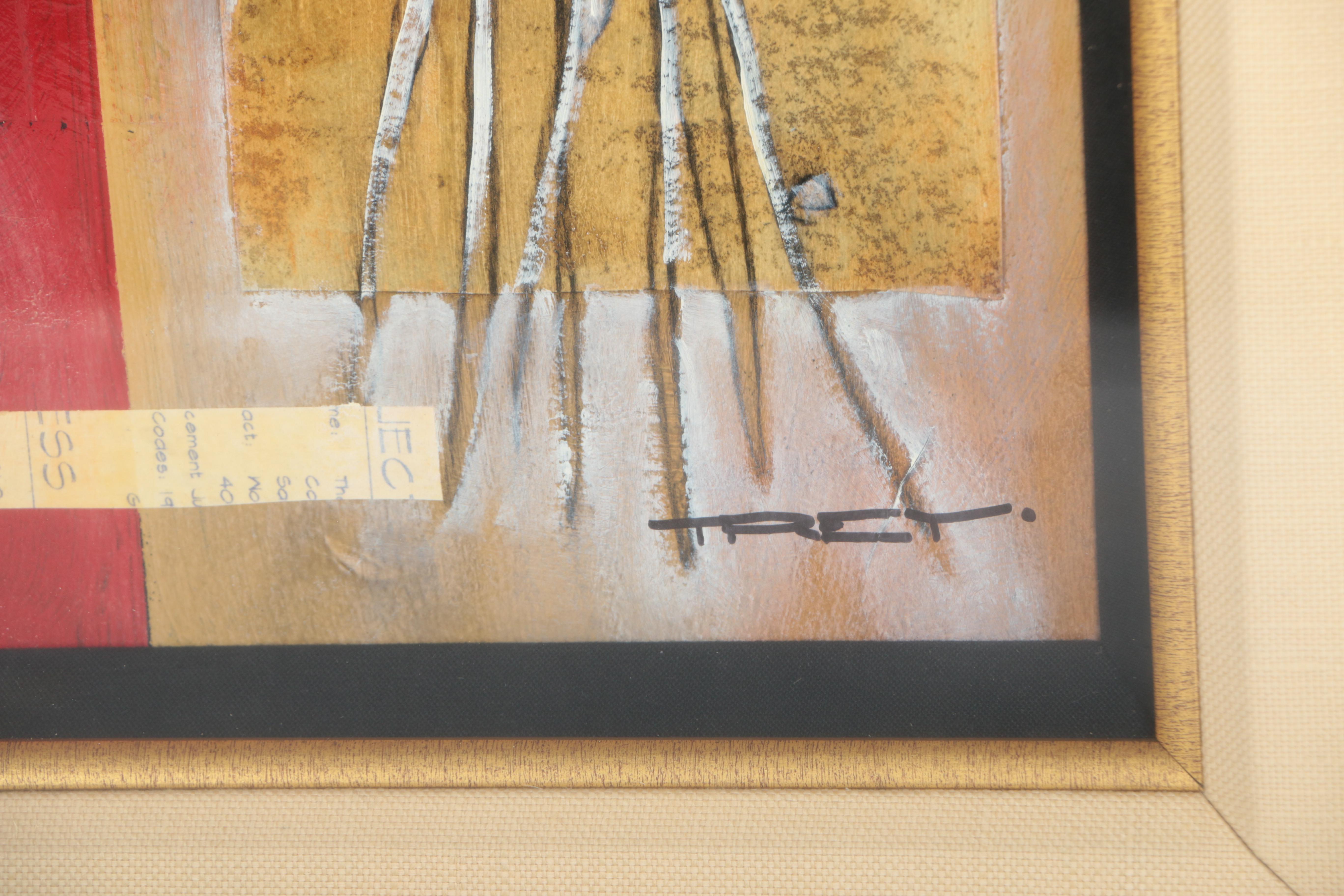 Trey Mixed Media Collage of a Chair and Floral Stand