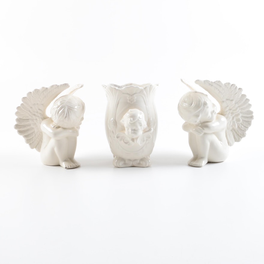 White Ceramic Angel Figurines and Candleholder