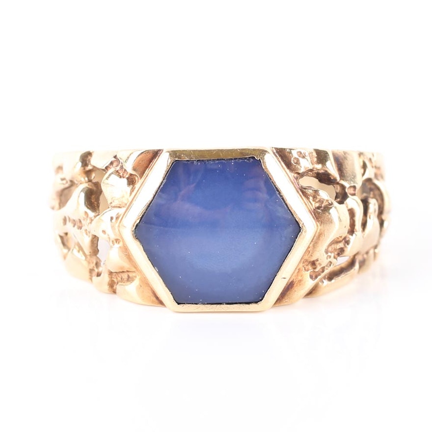 10K Yellow Gold Ring with Bezel Set Blue Glass