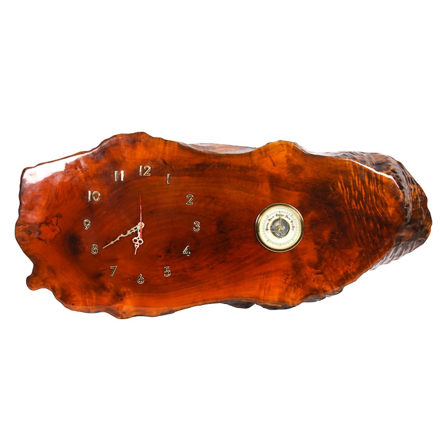 Vintage Tree Slab Clock With Barometer