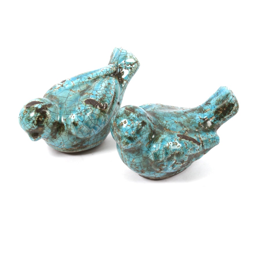 Turquoise Crackle Raku Fired Stoneware Bird Figures