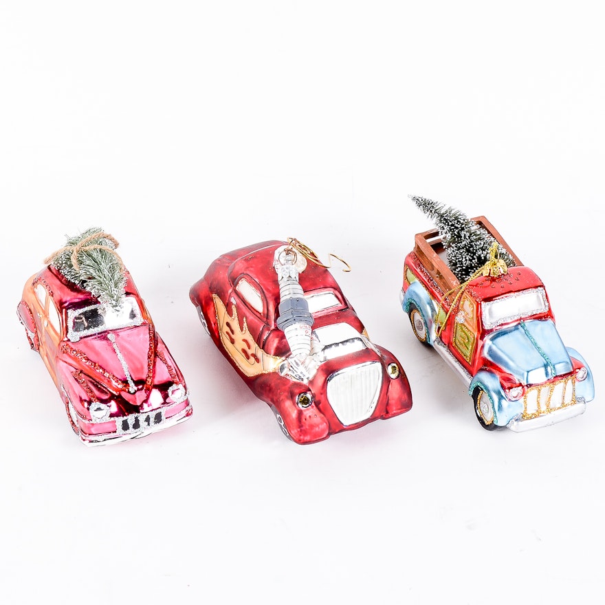 Three Glass Car Christmas Ornaments