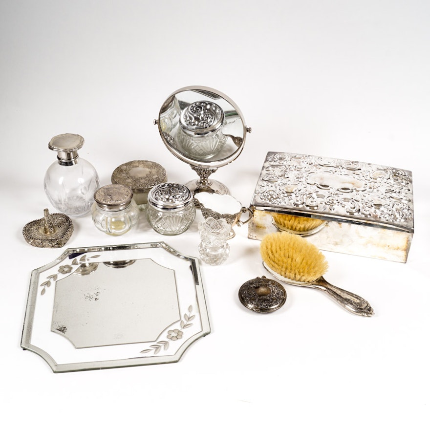 Collection of Glass and Silver Tone Metal Vanity Decor