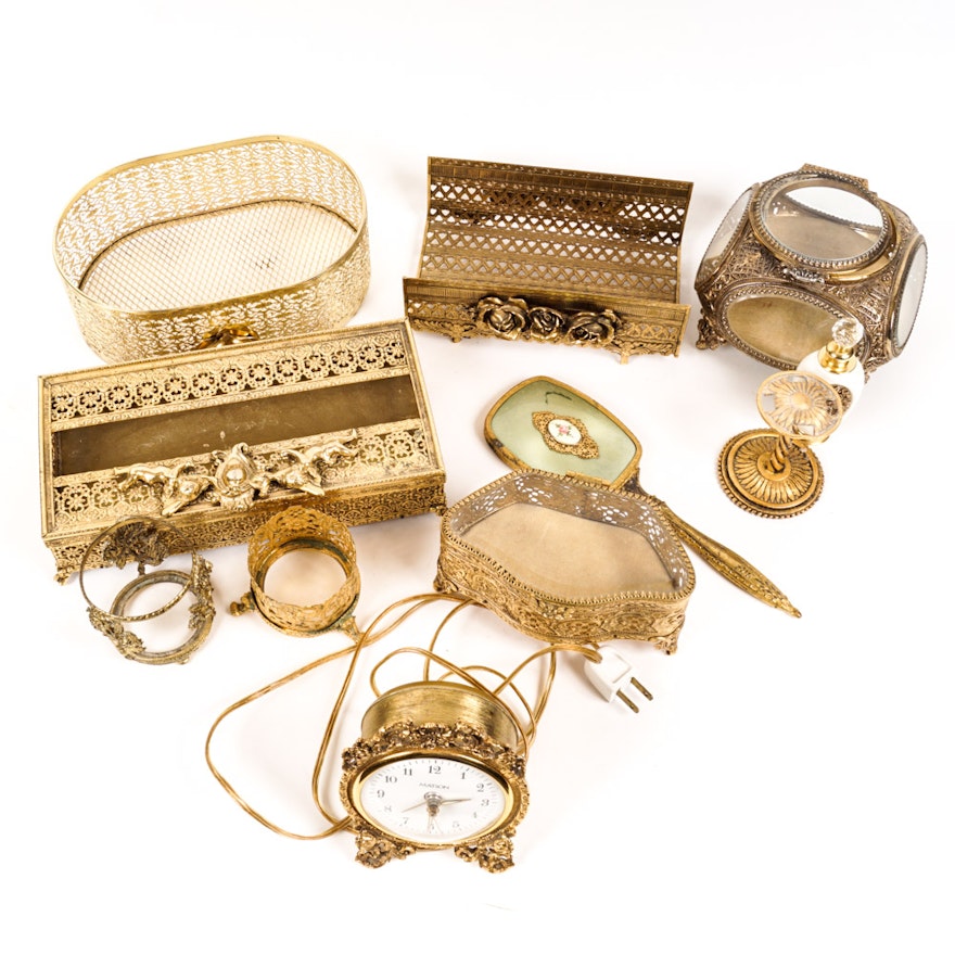 Variety of Gold Tone Filigree Bathroom Decor and Accessories