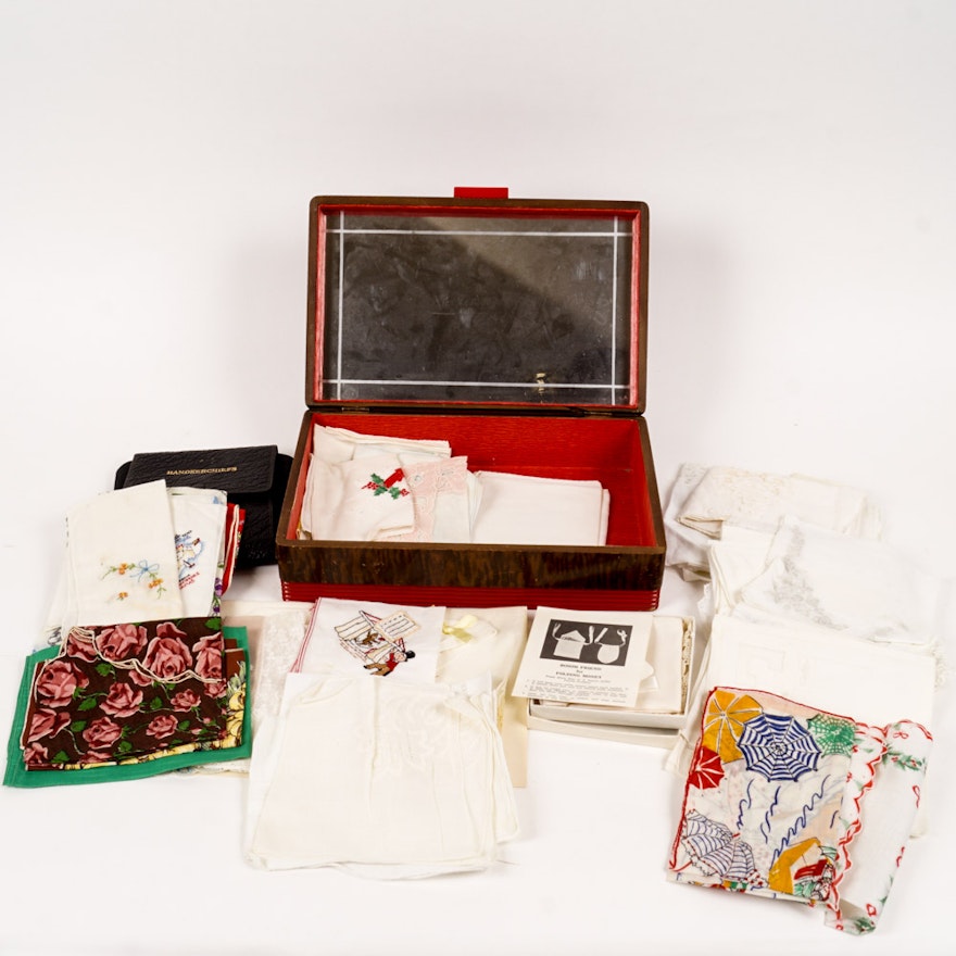 Variety of Vintage Handkerchiefs and a Jewelry Box
