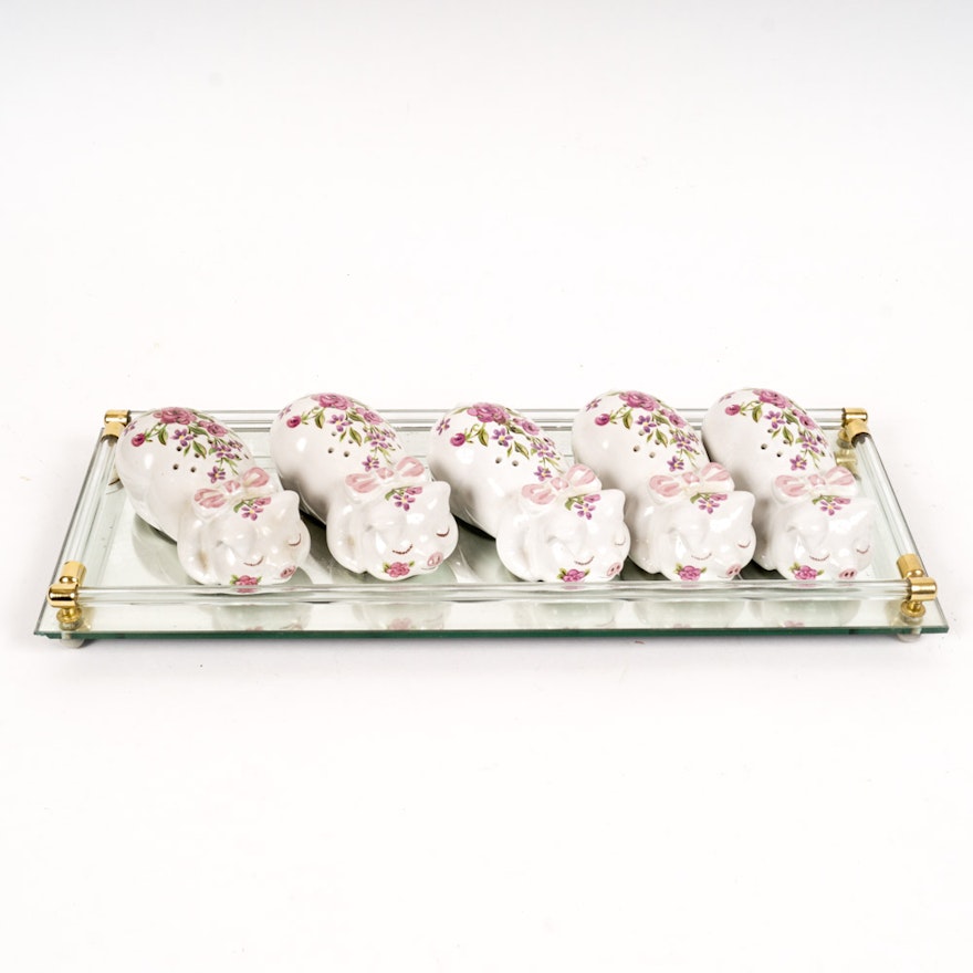 Mirrored Vanity Tray with Collection of Avon Ceramic Pig Shakers