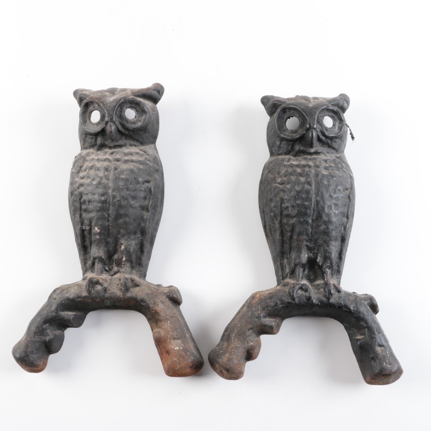 Two Cast Iron Owl Andirons