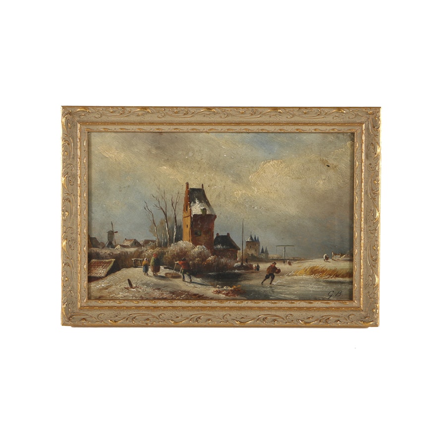 Early 20th-Century Dutch Oil Painting on Panel Wintry Landscape