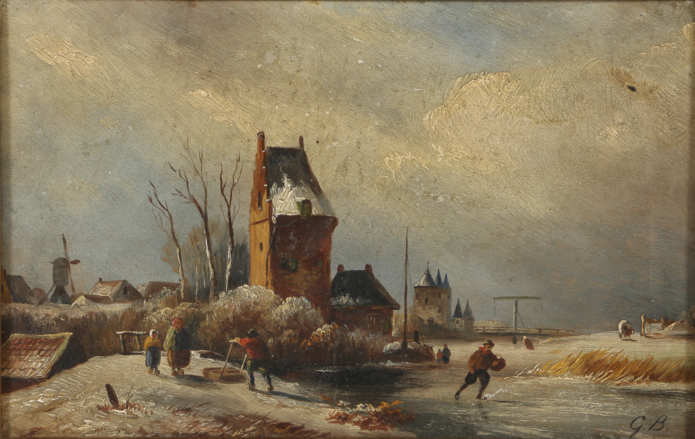 Early 20th-Century Dutch Oil Painting on Panel Wintry Landscape