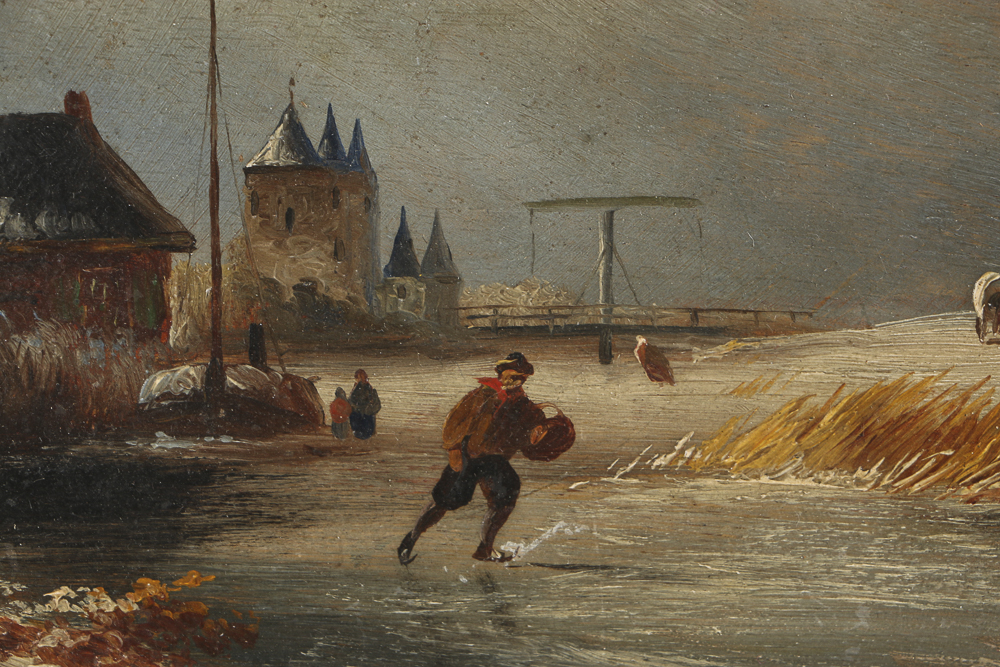 Early 20th-Century Dutch Oil Painting on Panel Wintry Landscape