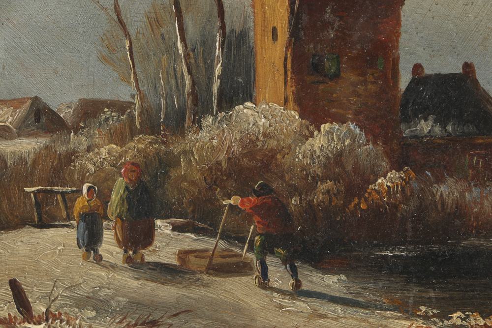 Early 20th-Century Dutch Oil Painting on Panel Wintry Landscape
