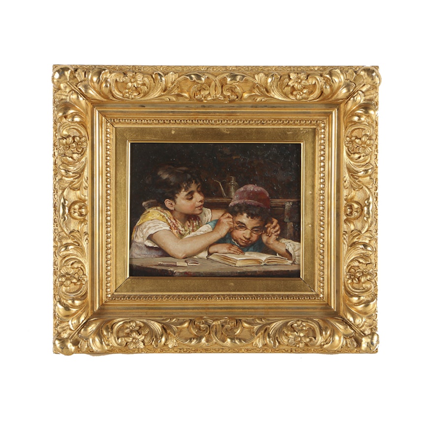 Luigi Bechi Oil Painting on Panel of Two Children Reading a Book