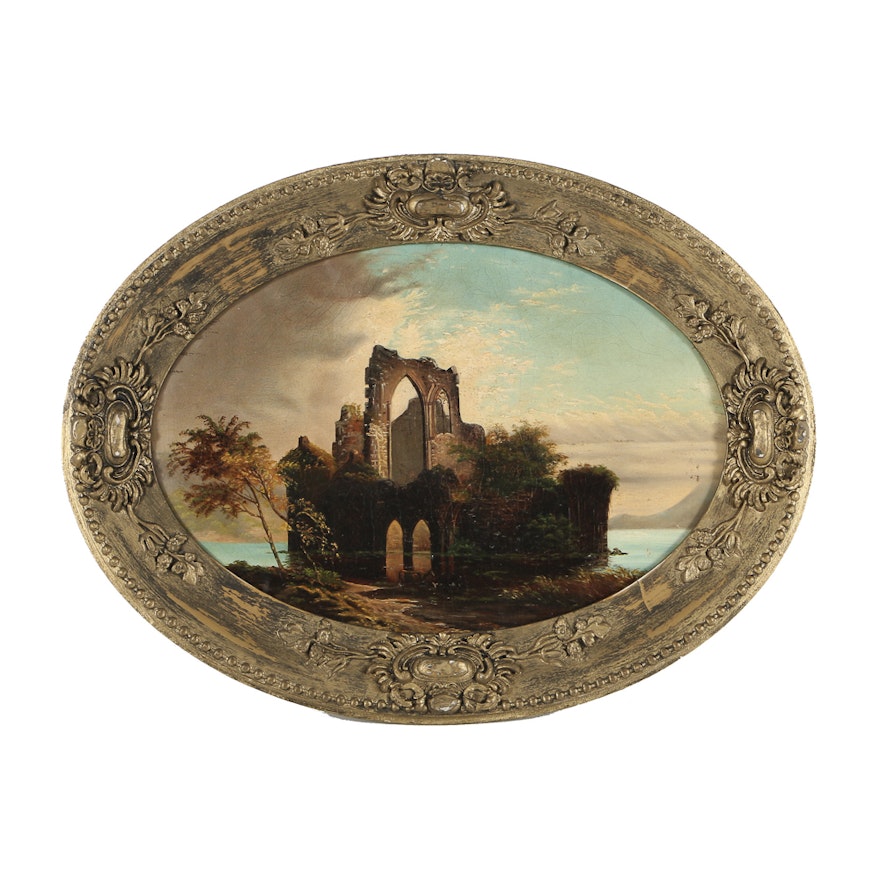 19th-Century English Landscape Painting in Oval Frame