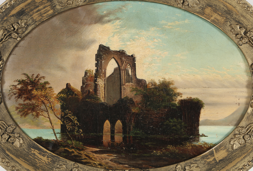 19th-Century English Landscape Painting in Oval Frame