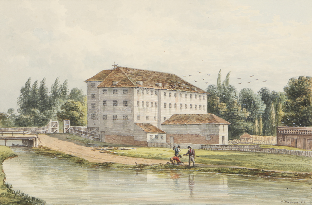 George Shepherd Watercolor Painting on Paper "Temple Mills Bridge over Lea River, 1816"