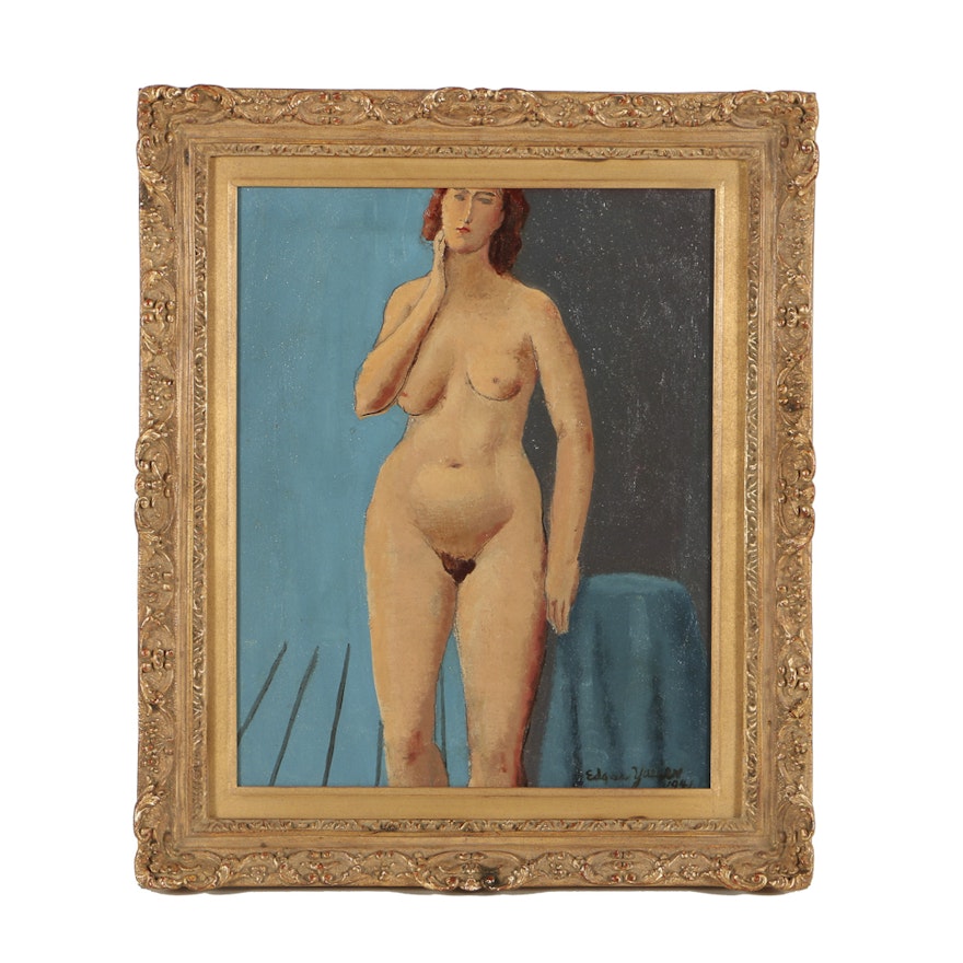 Edgar Yaegar Oil Painting on Canvas "Nude With One Arm Down"