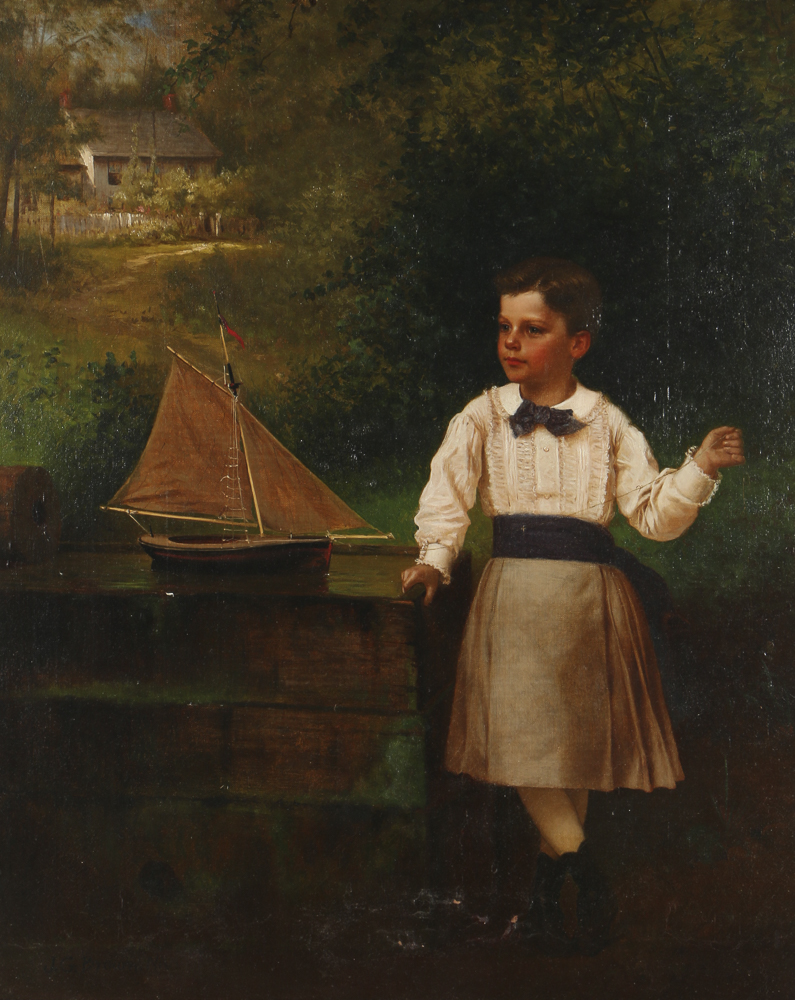 John George Brown Oil Painting on Canvas of a Boy and Sailboat