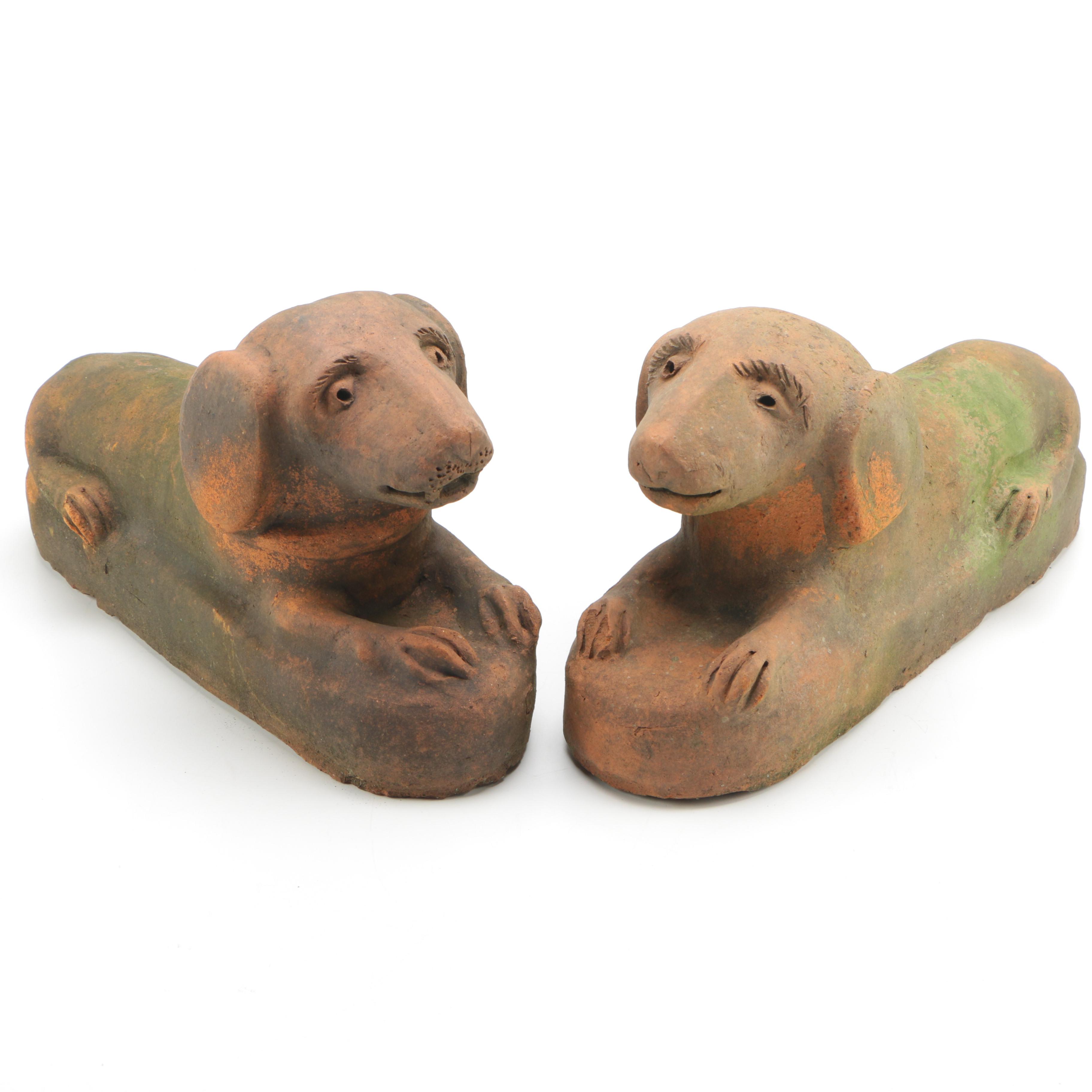 Antique Folk Art Terra Cotta Dachshund Statuary