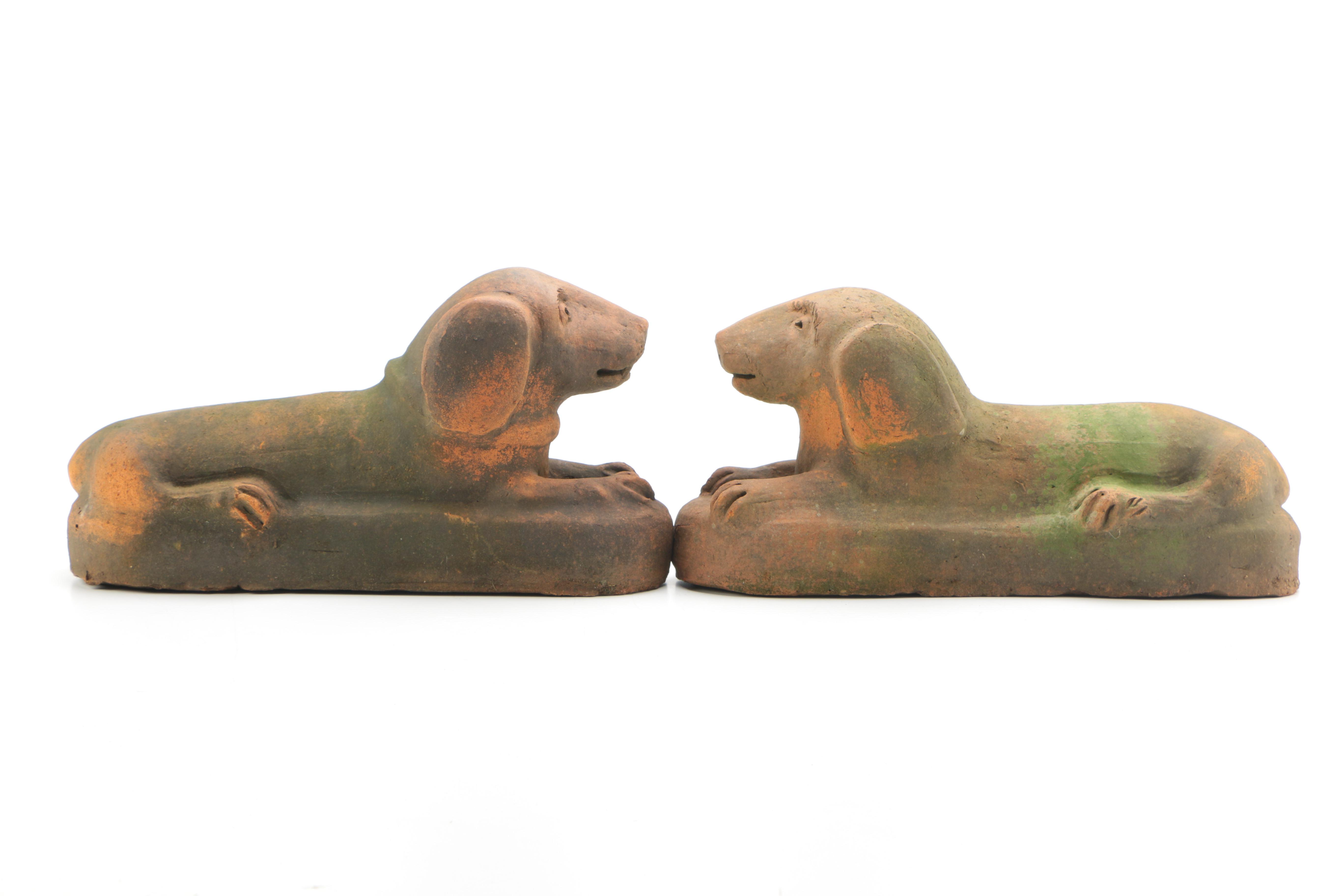 Antique Folk Art Terra Cotta Dachshund Statuary