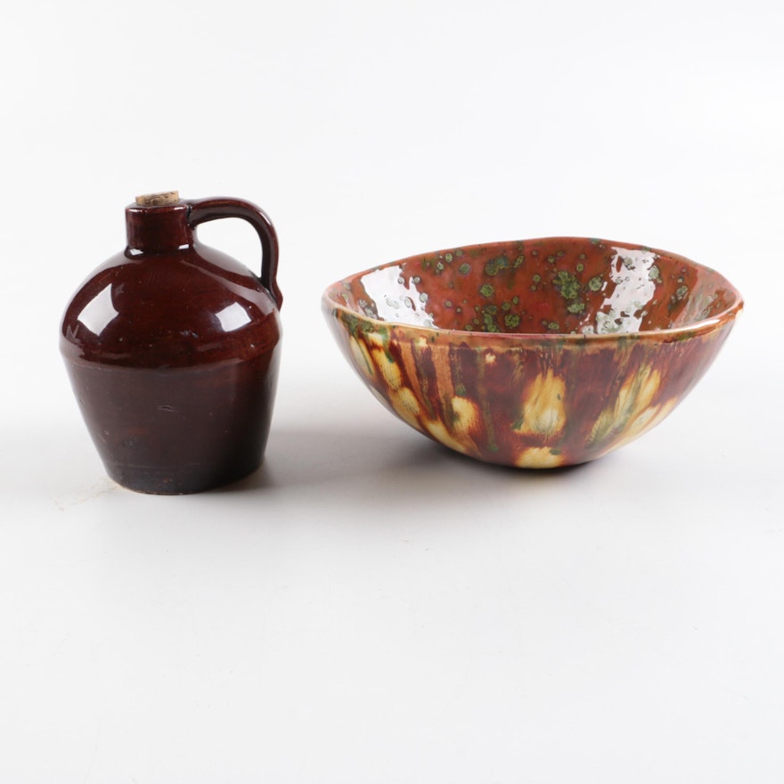 Dark Brown Jug and Art Pottery Bowl