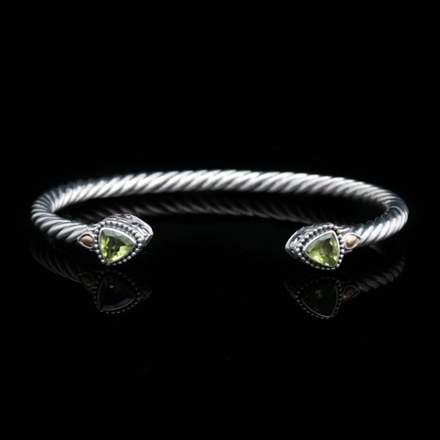 Robert Manse Sterling Silver, 18K Gold and Peridot Bangle Bracelet