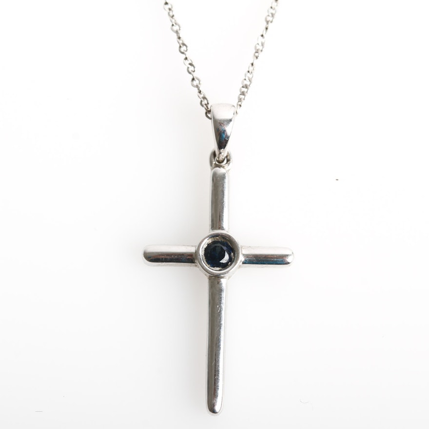 14K White Gold and Sapphire Cross Pendant Necklace