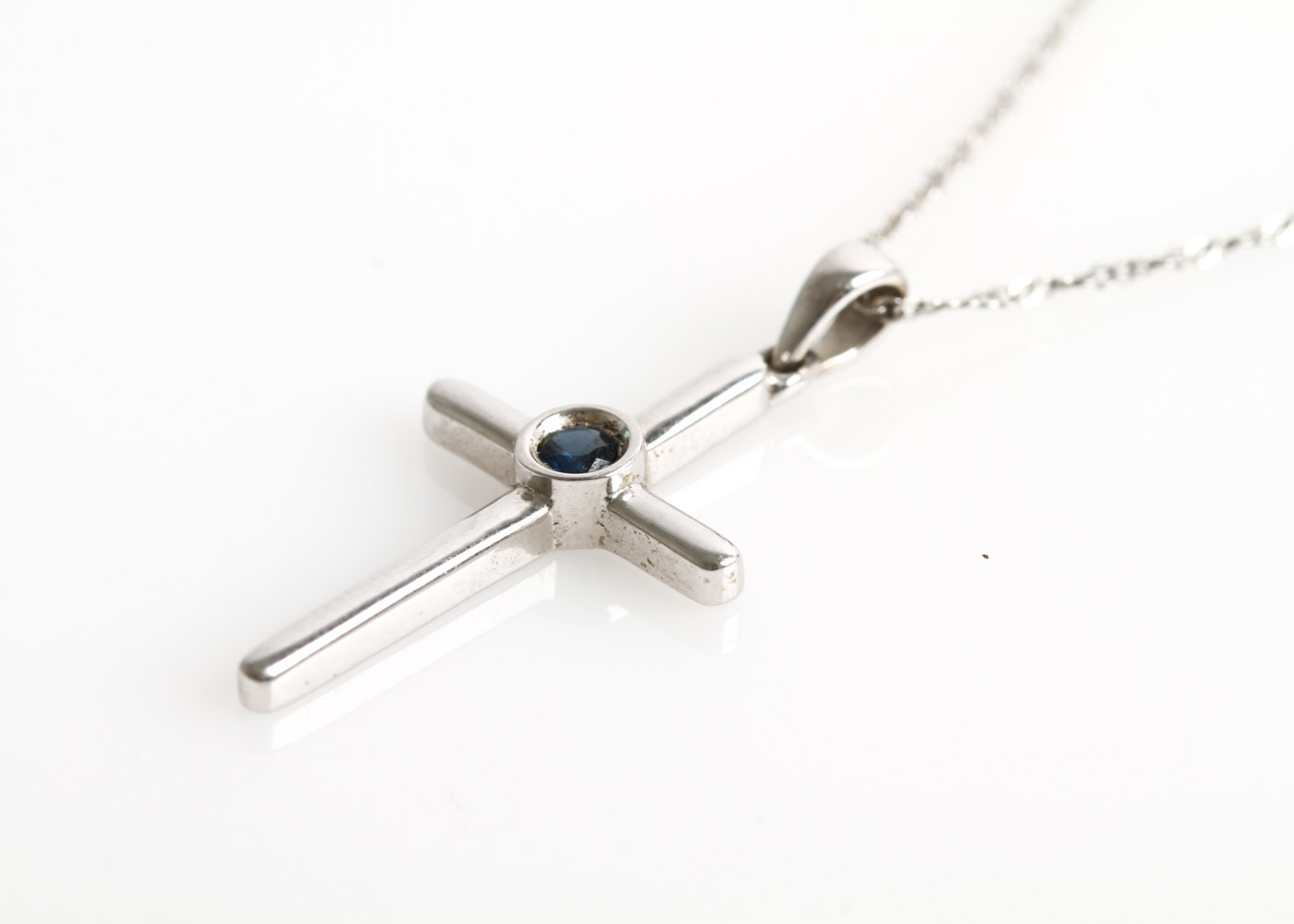 14K White Gold and Sapphire Cross Pendant Necklace